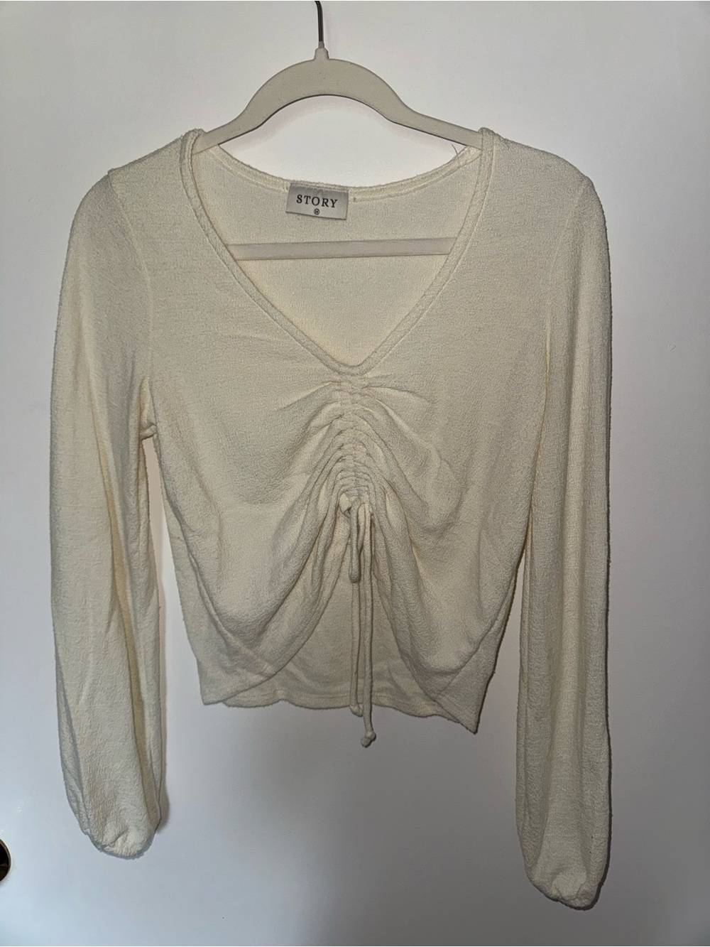 Story Cream V-Neck Long Sleeve Ruched Front Top